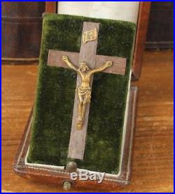 Antique Religious Travel Crucifix. Small French Bronze Altar Shrine. Paris Case