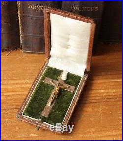 Antique Religious Travel Crucifix. Small French Bronze Altar Shrine. Paris Case