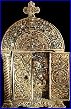 Antique Religious Triptych Icon Madonna and Child Altar Piece Ornate Travel