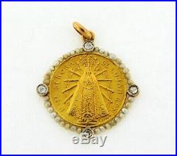 Antique Religious Virgin Mary Basilica Church Diamond Pearl 18K Gold Pendant