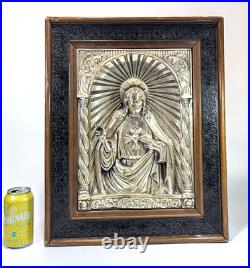 Antique Religious Wall Icon of Jesus Silver on Copper with Moving Hand