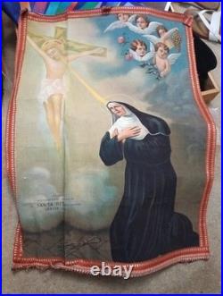 Antique Religious Wall Tapestry Santa Rita Agostiniana Cascia