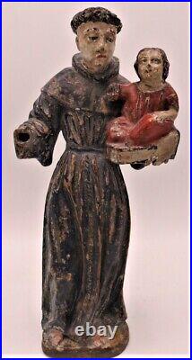 Antique Religious Wood Old Sculpture Polychrome H 11