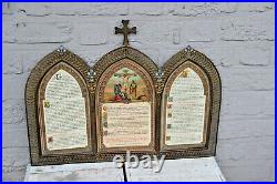 Antique Religious biblican canon text framed neo gothic cloisonne triptych