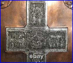 Antique Religious hand made copper plaque saints cross crucifix