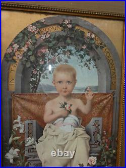 Antique Religious litho frame child after theophile Lybaert Belgian jesus young