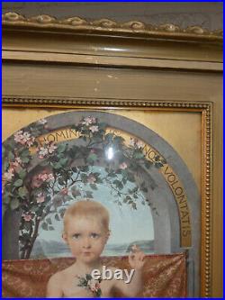 Antique Religious litho frame child after theophile Lybaert Belgian jesus young