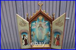 Antique Religious triptych painting coronation mary angels saint rare wood frame