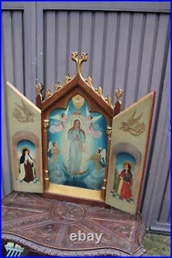 Antique Religious triptych painting coronation mary angels saint rare wood frame