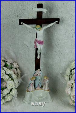 Antique Religious vieux paris porcelain Crucifix Cross christ Angels mary