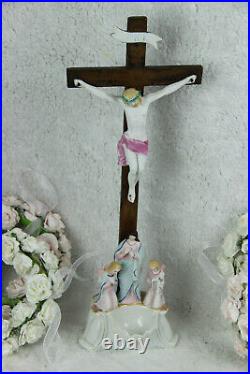 Antique Religious vieux paris porcelain Crucifix Cross christ Angels mary