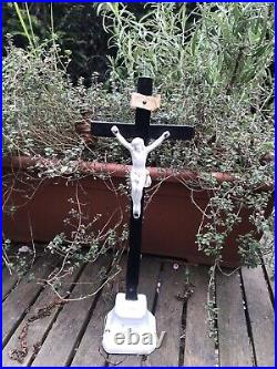 Antique Religious vieux paris white porcelain Crucifix Cross christ wood 12