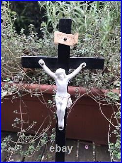 Antique Religious vieux paris white porcelain Crucifix Cross christ wood 12