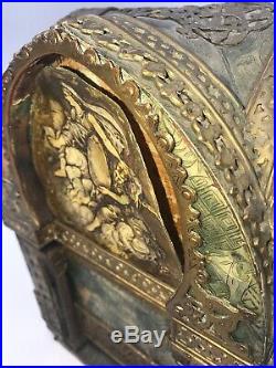 Antique Reliquary Box Casket Religious Relics Antiquity Scenes & Brass Filigree