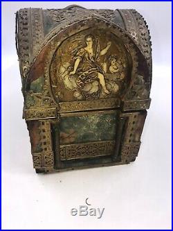 Antique Reliquary Box Casket Religious Relics Antiquity Scenes & Brass Filigree