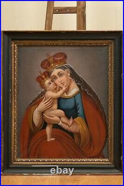 Antique Renaissance Oil Painting On Canvas Virgin Mary Baby Jesus Religious Art
