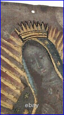 Antique Retablo Virgin Our Lady of Guadalupe Religious Oil Painting Tin Mexico