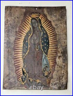 Antique Retablo Virgin Our Lady of Guadalupe Religious Oil Painting Tin Mexico