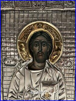 Antique Russian Icon Sterling Silver & Gilt Gold Wood Religious Orthodox Jesus