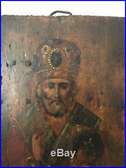 Antique Russian Orthodox Signed Wood Icon Hand Painted St Nicholas Religious Art