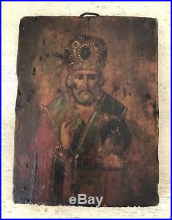 Antique Russian Orthodox Signed Wood Icon Hand Painted St Nicholas Religious Art