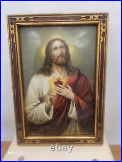 Antique Sacred Heart Jesus Hand Made Framed Religious Dated 1908-30's