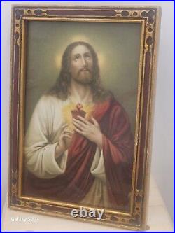 Antique Sacred Heart Jesus Hand Made Framed Religious Dated 1908-30's