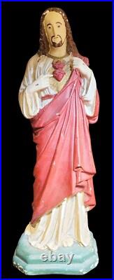 Antique Sacred Heart Of Jesus Statue 21 Painted Plaster Religious Statuary