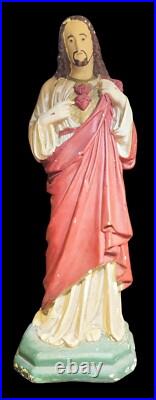 Antique Sacred Heart Of Jesus Statue 21 Painted Plaster Religious Statuary