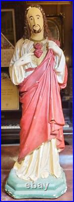 Antique Sacred Heart Of Jesus Statue 21 Painted Plaster Religious Statuary