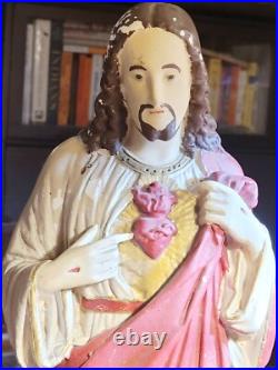 Antique Sacred Heart Of Jesus Statue 21 Painted Plaster Religious Statuary