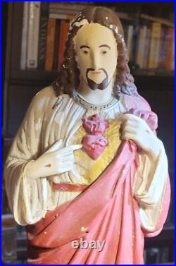 Antique Sacred Heart Of Jesus Statue 21 Painted Plaster Religious Statuary