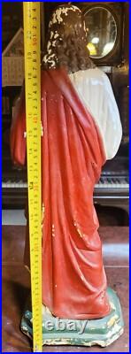 Antique Sacred Heart Of Jesus Statue 21 Painted Plaster Religious Statuary