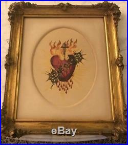 Antique Sacred Heart Painting Baroque Framed & Matted 21.5