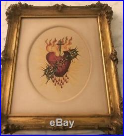 Antique Sacred Heart Painting Baroque Framed & Matted 21.5