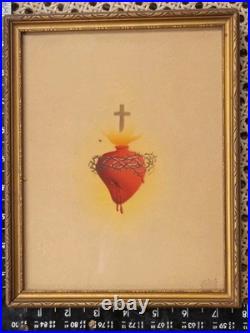 Antique Sacred Heart of Jesus Hand-Colored Engraving Framed 19th Century Gauche