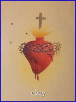 Antique Sacred Heart of Jesus Hand-Colored Engraving Framed 19th Century Gauche