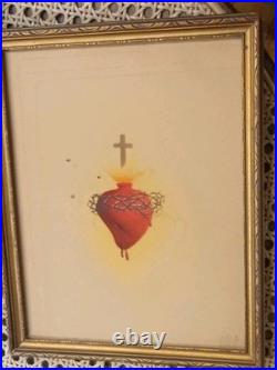 Antique Sacred Heart of Jesus Hand-Colored Engraving Framed 19th Century Gauche