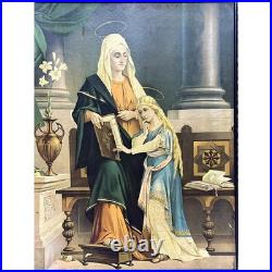 Antique Saint Anne and Young Virgin Mary Lithograph Framed Religious Art 25x31