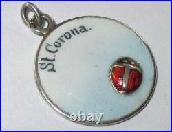 Antique Saint Corona Ladybug Sterling Silver Enamel Charm Medal Patron Pandemics
