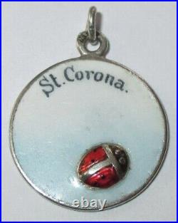 Antique Saint Corona Ladybug Sterling Silver Enamel Charm Medal Patron Pandemics