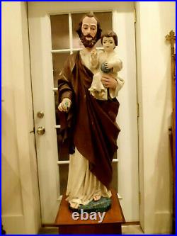 Antique Saint Joseph w Child Jesus Church Religious Statue Hand Carved Wood 46