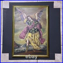 Antique Saint Michael Archangel Cusco School Original Oil on Canvas 17 x 25