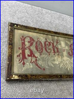 Antique Sampler Needlework Rock Of Ages Motto Wooden Framed Religious Victorian