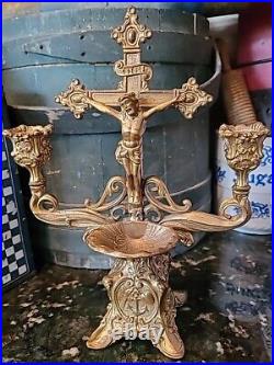 Antique Sculptural Holy Water Stand Gilt Bronze Exceptional Detail Relig Icons
