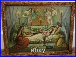 Antique Seiber Chromolithograph print MADONNA IN TOMB, Angels Cherubs signed