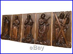 Antique Set of 5 Carved Religious Panels of Saints, Oak, 19th Century