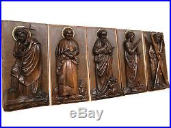 Antique Set of 5 Carved Religious Panels of Saints, Oak, 19th Century
