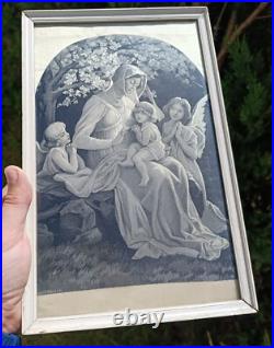 Antique Silk Embroidery Madonna and Child Angels Framed Religious Art vintage