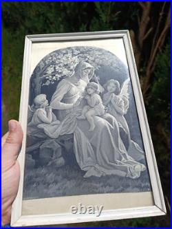 Antique Silk Embroidery Madonna and Child Angels Framed Religious Art vintage